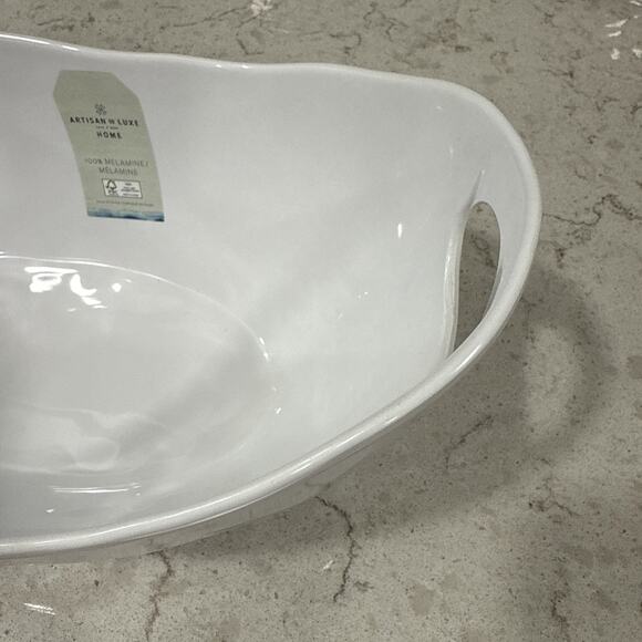 White Handled SERVING BOWL 13x7.5” Melamine ARTISAN DE LUXE Salad Serve NEW - Picture 4 of 8